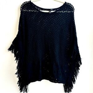 Aqua Black Knit Fringe Poncho Size M